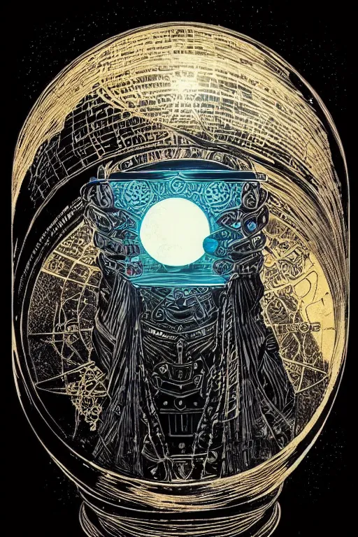 Image similar to cloaked steampunk wizard looking into a crystal ball, high details, intricately detailed, by vincent di fate, inking, 3 color screen print, masterpiece, trending on artstation,, sharp, details, hyper - detailed, hd, 4 k, 8 k