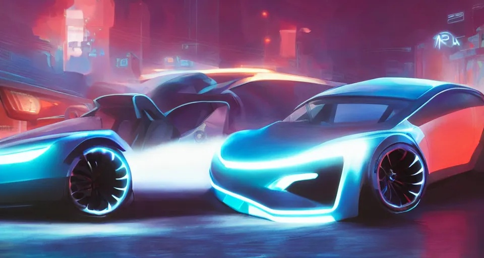 Prompt: product shot of a tron tesla light neon car, hot wheels, wipe out, hyper realistic, concept art, smooth, high contrast, volumetric lighting, octane, raytrace, syd mead, artgerm, jim lee,