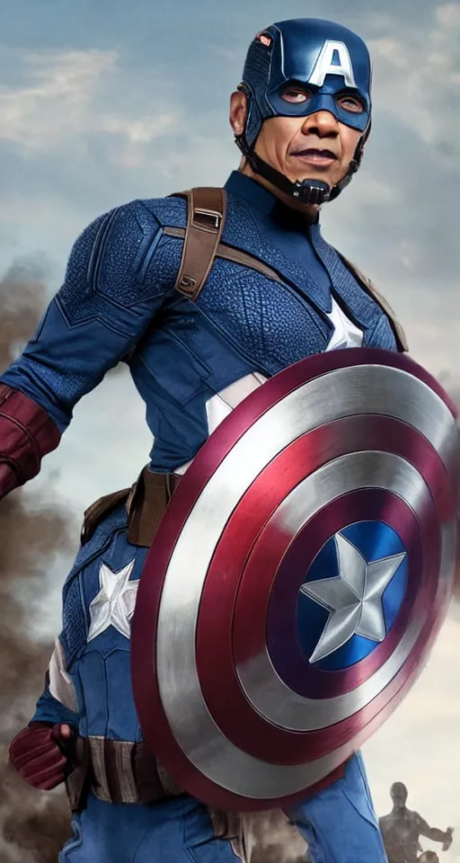 Image similar to Obama as Captain America in the Avengers, final epic scene, closeup still