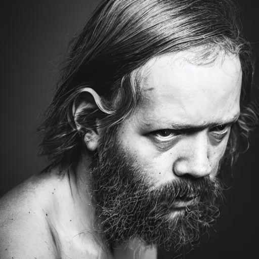 Image similar to Dennis Ritchie, grungy, unkept hair, glowing eyes, modelsociety, radiant skin, huge anime eyes, RTX on, perfect face, directed gaze, intricate, Sony a7R IV, symmetric balance, polarizing filter, Photolab, Lightroom, 4K, Dolby Vision, Photography Award