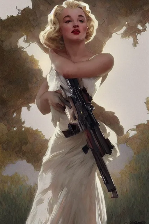 Prompt: beautiful cottagecore Marylin Monroe holding a rifle. intricate, elegant. highly detailed, digital painting, artstation, concept art, smooth, sharp, focus, illustration. . art by artgerm and greg rutkowski and alphonse mucha