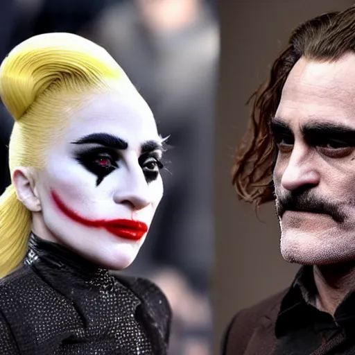 Prompt: ultra realistic candid photograph from joaquin phoenix with lady gaga in new joker movie footage's, intricate details, face details, proportional body details, full medium shot, paparazi shot