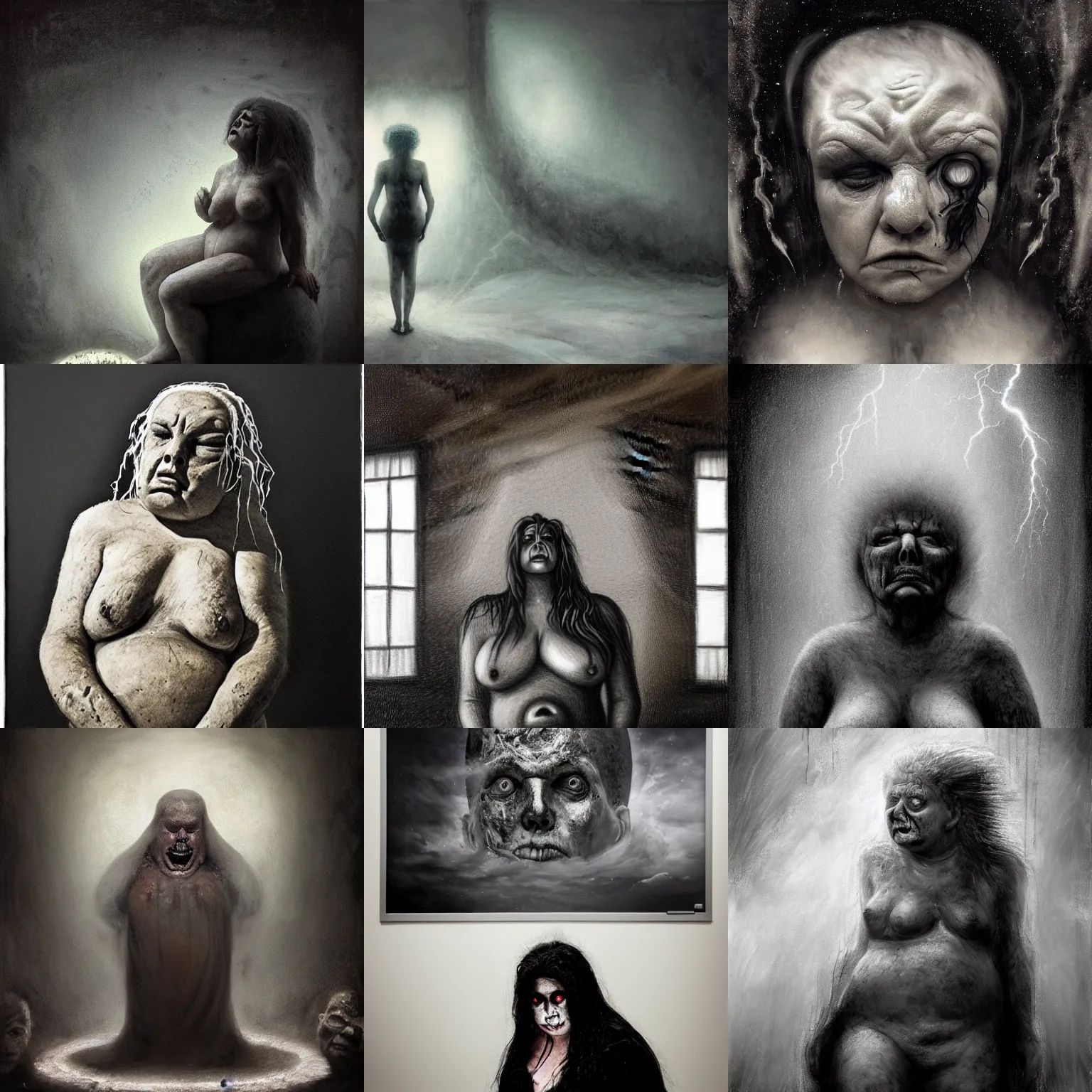 Prompt: portrait of big old sumoringer as despair from sandman, in a white cloudy void with empty framesfloating around her, venus of willendorf, by jeremy mann, by gregory crewdson, by bastien lecouffe deharme, sad face, black hair, mourning, white room, soft lightning, high detailed, 8 k