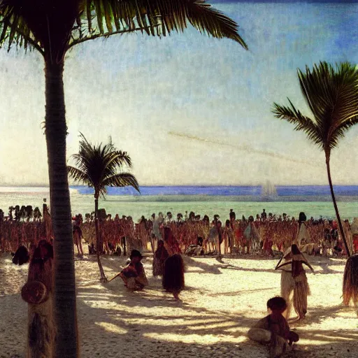 Image similar to a ultradetailed beautiful photo of hundreds of people in the amazonas palace designed by jules bastien - lepage, hans belmer, frank weston and gustave baumann, beach, trending on artstation, mediterranean, palm trees, light sparkles, sharp focus, soft light, 8 k 4 k