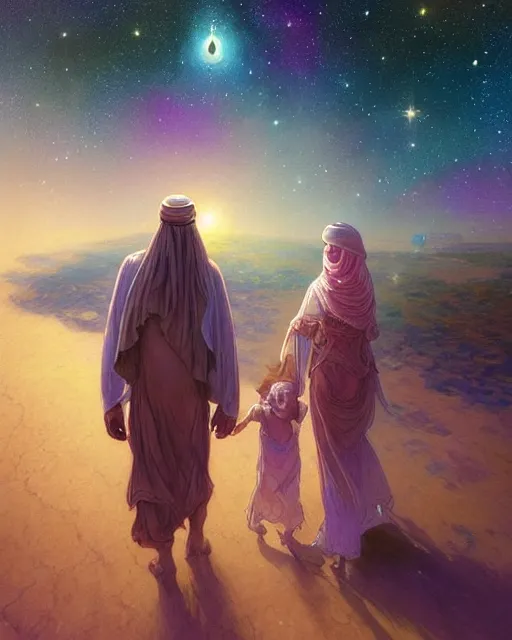 Image similar to bedouin man and woman and child in galaxy walking towards mosque surrounded by nebula, highly detailed, gold filigree, romantic storybook fantasy, soft cinematic lighting, award, disney concept art watercolor illustration by mandy jurgens and alphonse mucha and alena aenami, pastel color palette, featured on artstation