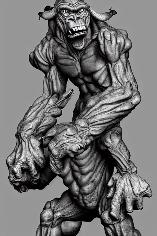 Image similar to humanoid hunched figure troll with 1 horn, ogre, ape, highly detailed, digital art, sharp focus, trending on art station, kentaro miura manga art style