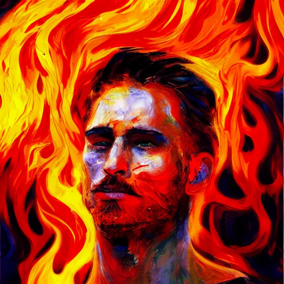 Prompt: abstract painting of man on fire. Handsome. Long hair. portrait. ArtStation. Impressionist. Painful.