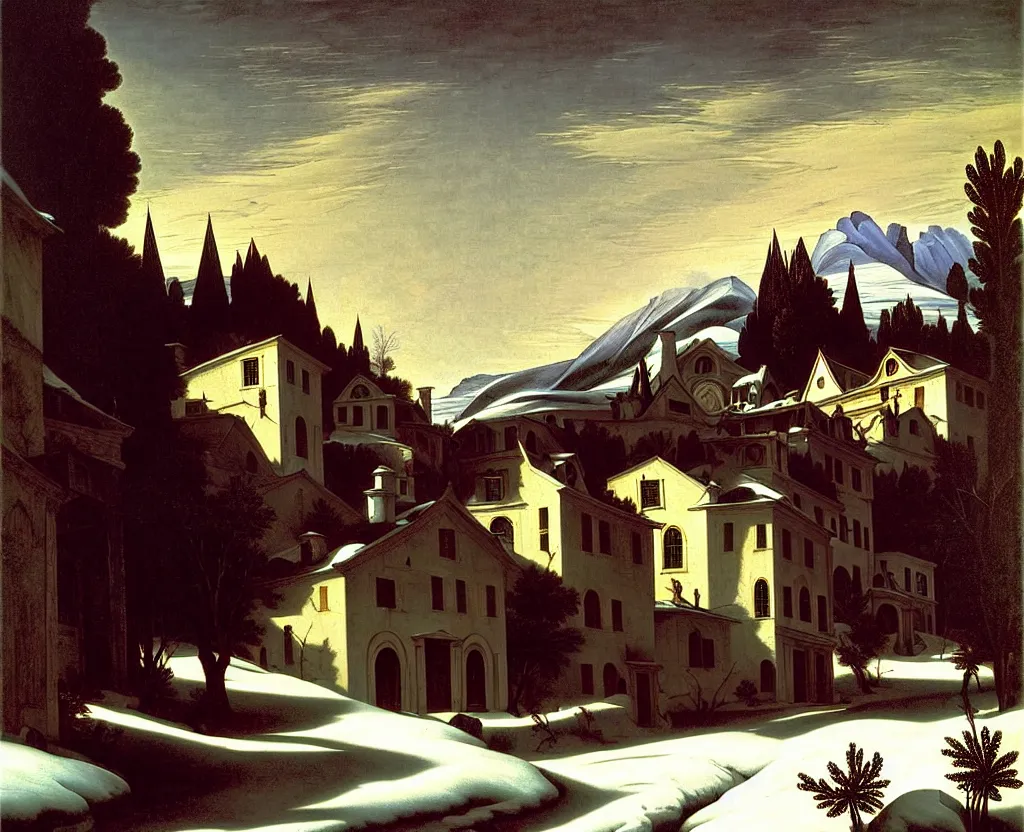 Image similar to in the style of gerald brom, caravaggio, asher brown durand, beautiful small town, houses and buildings, 1 8 0 0 s, cobblestone roads, mid day, winter, mountains in the distance