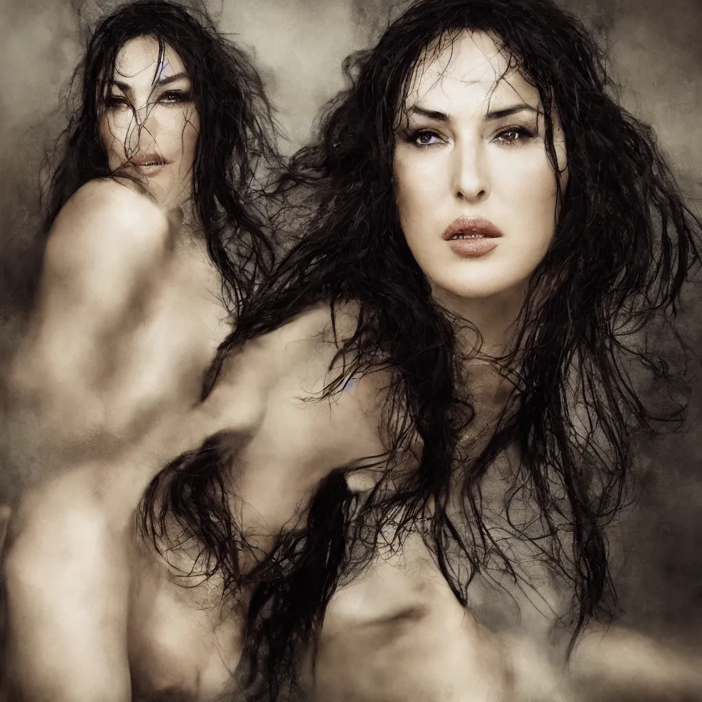 Prompt: realistic photo portrait of Monica Bellucci like a siren in style of Paolo Roversi, detailed, 50mm lens, volumetric lighting , studio lighting scheme, octane render , detailed, realistic
