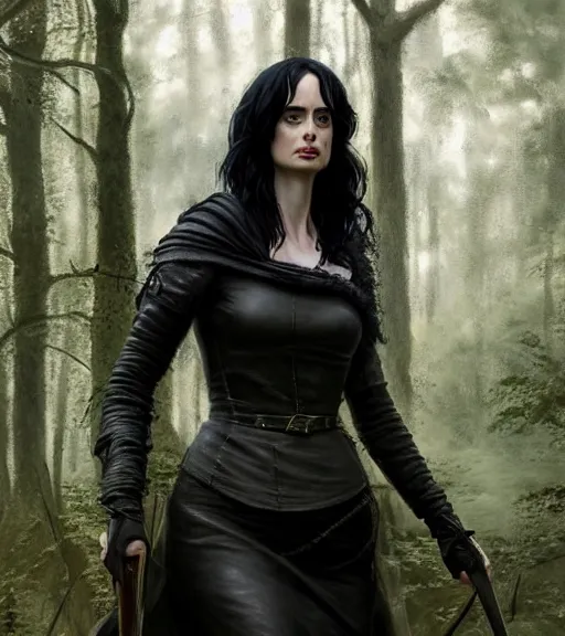 Image similar to 5 5 mm close up portrait photo of krysten ritter as yennefer of vengerberg in black leather armor and long black puff hair, in a forest. magical atmosphere. art by greg rutkowski. lifelike. very detailed 8 k. intricate. soft light. nikon d 8 5 0.