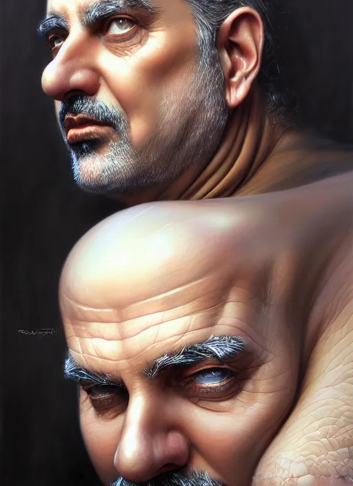 Image similar to closeup portrait shot of rafic hariri, intricate, elegant, highly detailed, centered, digital painting, artstation, concept art, smooth, sharp focus, illustration, artgerm, tomasz alen kopera, peter mohrbacher, donato giancola, joseph christian leyendecker, wlop, boris vallejo