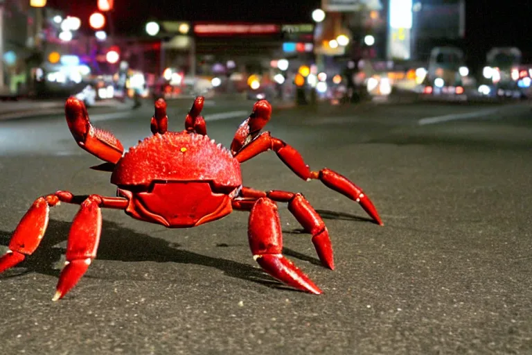 Prompt: a cute crab robot, in 2 0 0 2, at a mall, street style, royalcore, low - light photograph, photography by tyler mitchell