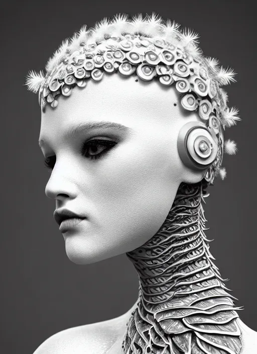Prompt: dreamy monochrome close - up profile face, white background, beautiful young porcelain bio - mechanical vegetal - dragon - cyborg - female, white metallic armour, white silver details, cream peacock feathers, roots, mandelbot fractal, 1 5 0 mm, beautiful natural soft rim light, elegant, hyper real, ultra detailed, octane render, hg giger, 1 6 k