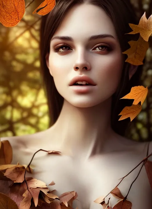 Image similar to a beautiful female photo, professionally retouched, soft lighting, standing in a forest with chest covered with leaves, realistic, smooth face, perfect eyes, wide angle, sharp focus on eyes, 8 k high definition, insanely detailed, intricate, elegant, art by artgerm and wlop