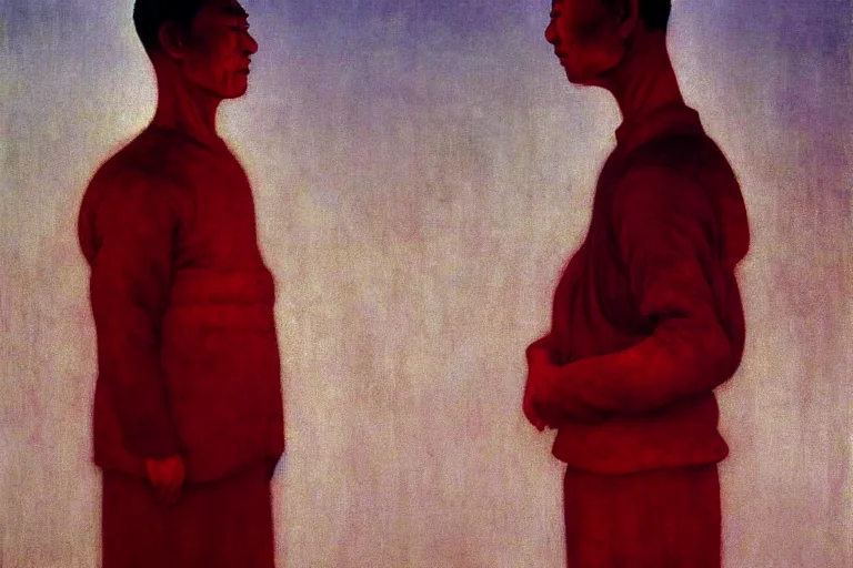 Image similar to a uyghur prisoner, in the style of beksinski, parts by edward hopper, parts by rodcenko, parts by yue minjun, intricate and epic composition, symmetrical, red by caravaggio, insanely quality, highly detailed, masterpiece, red light, artstation, 4 k