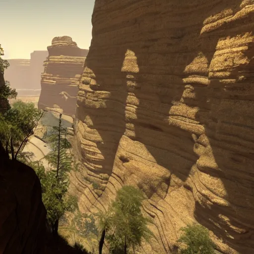 Image similar to canyon in between mountains, unreal engine, high detail, realism, award winning, detailed lighting