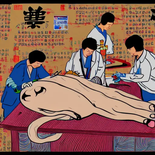 Prompt: chinese surgeons cutting up a body on an operating table, in the style of daniel johnston and outsider art, 8k, line brush, overlaid with traditional chinese adverts