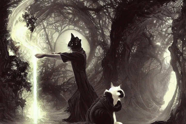 Prompt: an anthropomorphic black and white cat wearing long flowing robes teaches his apprentice a new magical spell in front of a magical gateway to another universe, illustration by Boris Vallejo, rutkowski, thomas kindkade, alphonse mucha, loish, norman rockwell, artstation, furaffinity