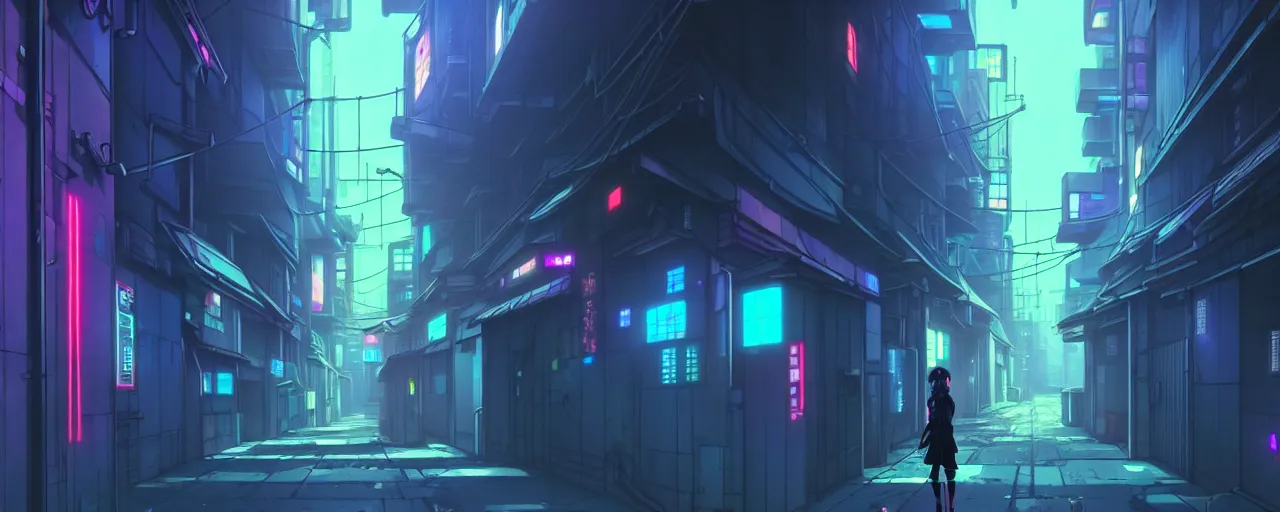 Image similar to city alleyway in the atmospheric cyberpunk anime film, gouache matte background painting, neon noir, at night with lights, by makoto shinkai, in the anime series ergo proxy, beautiful specular edge highlights and rim lighting