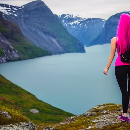 Image similar to a young woman with long pink hair looking at fjords, hiking clothes, tank top, norway, fjords in background, cinematic, beautiful, stunning, day time, epic, 8 k, 1 6 : 9