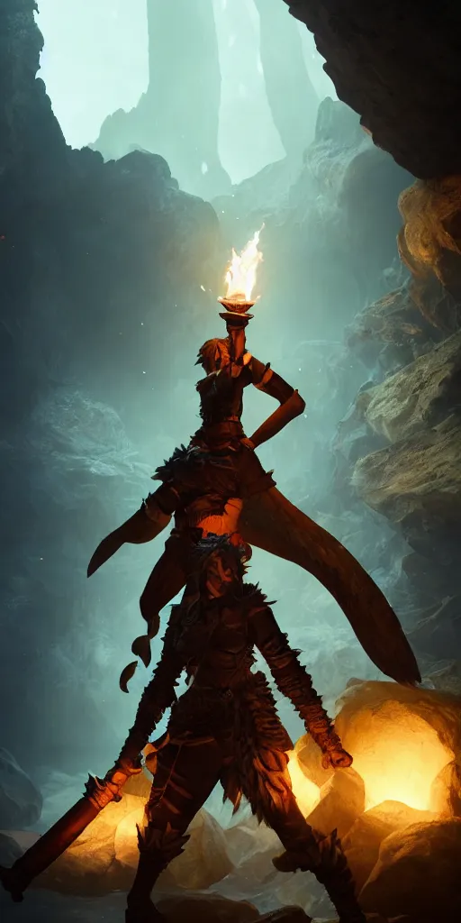 Image similar to a epic hero adventurer holding a torch in a dark cave, fantsy, concept art, artgerm, monster hunter world, 8 k realistic, radiant light, frostbite 3 engine, dof, cryengine, digital art, detailed background