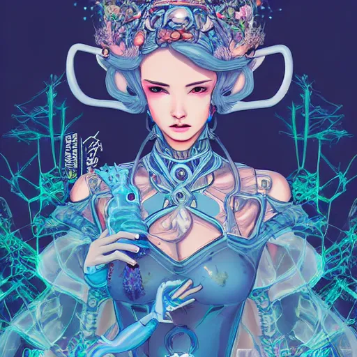 Image similar to ethereal cybernetic princess in the mountains, extremely detailed, sharp focus, wide view, full body shot, smooth, digital illustration, by james jean, by rossdraws, frank franzzeta, sakimichan