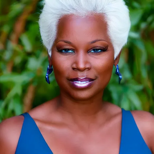 Image similar to photo of a stunning black woman with pure white hair and blue eyes