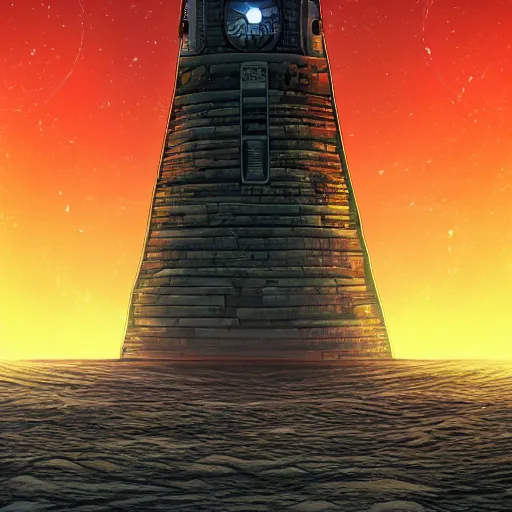 Image similar to ancient tower in the moon, retrowave epic art, trending on art station