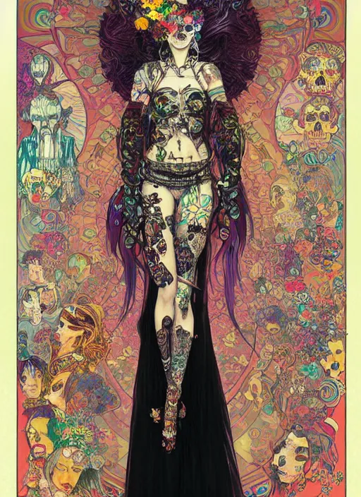 Image similar to cute punk goth fashion fractal Día de los Muertos tattooed hologram girl posing, psychedelic poster art of by Victor Moscoso Rick Griffin Alphonse Mucha Gustav Klimt Ayami Kojima Amano Charlie Bowater, masterpiece