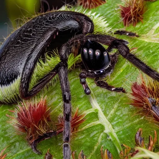 Image similar to venus flytrap eating a large hairy black spider in an english tea garden