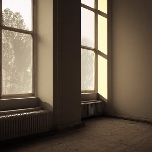 Image similar to sun shines through a window into an empty room, realistic reflection and caustic