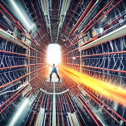 Image similar to wide shot of a man getting trapped inside cern large hadron collider, his body getting pulled apart by particle collision, rendered in octane