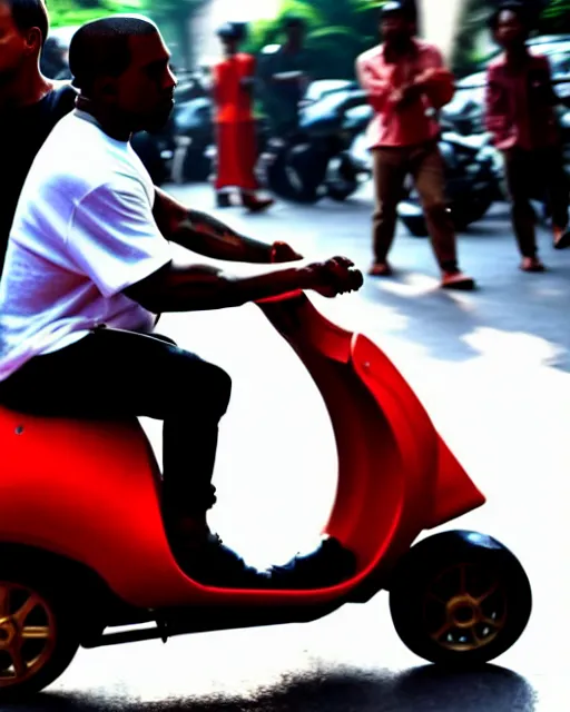 Image similar to close up shot of kanye west riding scooter in hanoi, a photo in daylight