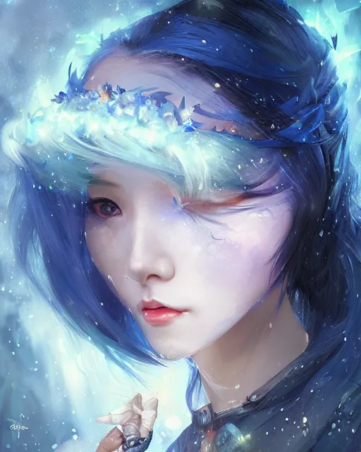 Image similar to stunningly beautiful female blue hair, cute korean actress, dj sura, fantasy art, fae priestess, lush dark forest landscape, fireflys at night, sharp focus, digital painting, 8 k, concept art, art by wlop, artgerm, greg rutkowski and alphonse mucha