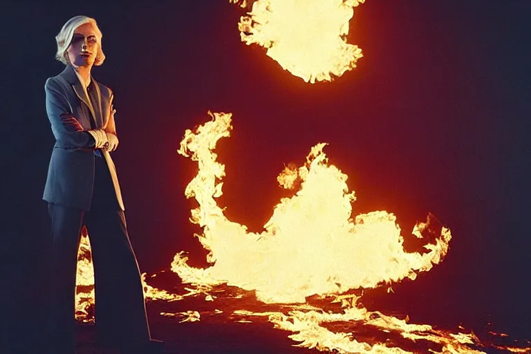 Image similar to a moody photograph of a confident caucasian woman in her 6 0's with short blonde hair wearing a tailored yellow suit standing against a backdrop of the planet earth engulfed in flames. photograph by annie leibowitz, cinematic lighting, sci fi, futuristic