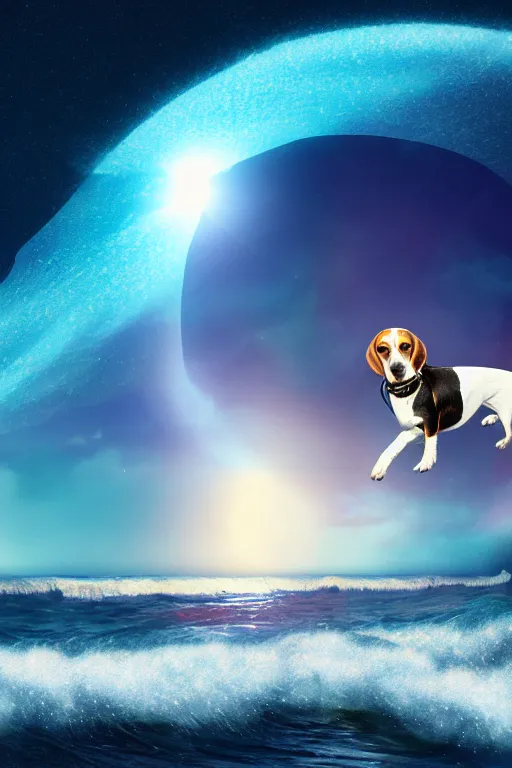 Image similar to beagle dog surfing a surfboard on a sparkly crashing wave of stardust in space, background is a moon in nebula, octane render, unreal engine, wide view, 8 k, highdetaild