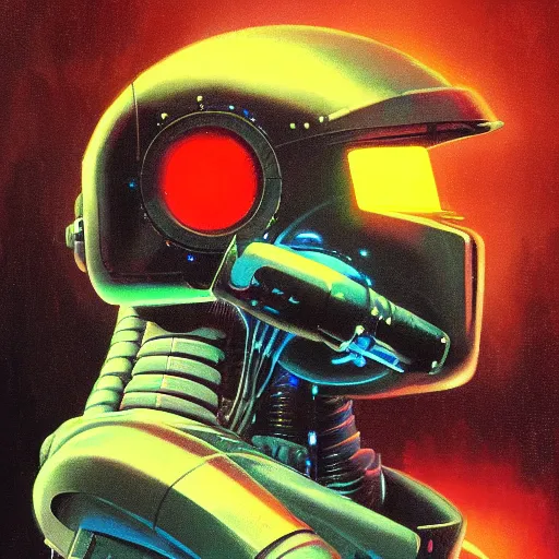 Image similar to a dark and colorful close - up side profile portrait of a sci - fi mecha robot with led lights glowing fog in the background. highly detailed science fiction painting by norman rockwell, frank frazetta, and syd mead. rich colors, high contrast, gloomy atmosphere, dark background. trending on artstation