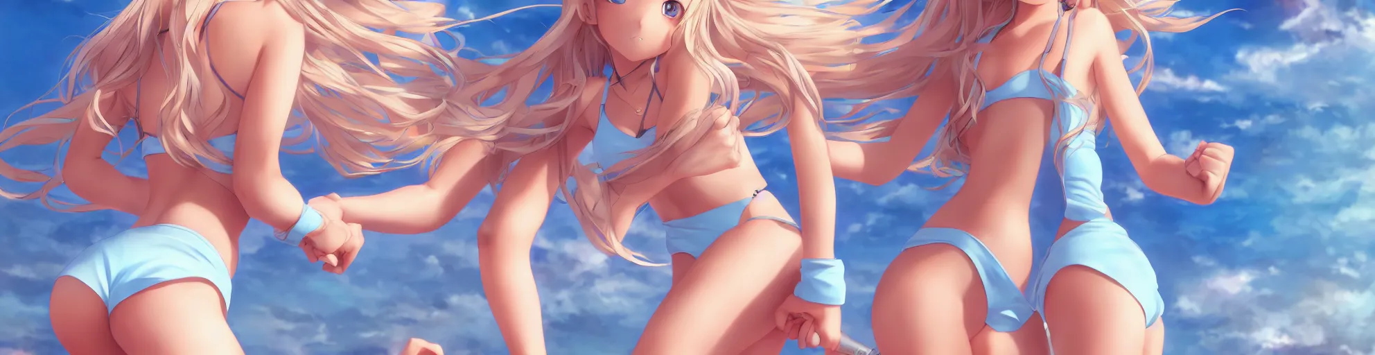 Image similar to a very beautiful young anime tennis girl, full body, long wavy blond hair, sky blue eyes, ( ( ( full round face ) ) ), short smile, bikini, miniskirt, front view, mid - shot, highly detailed, cinematic wallpaper by stanley artgerm lau