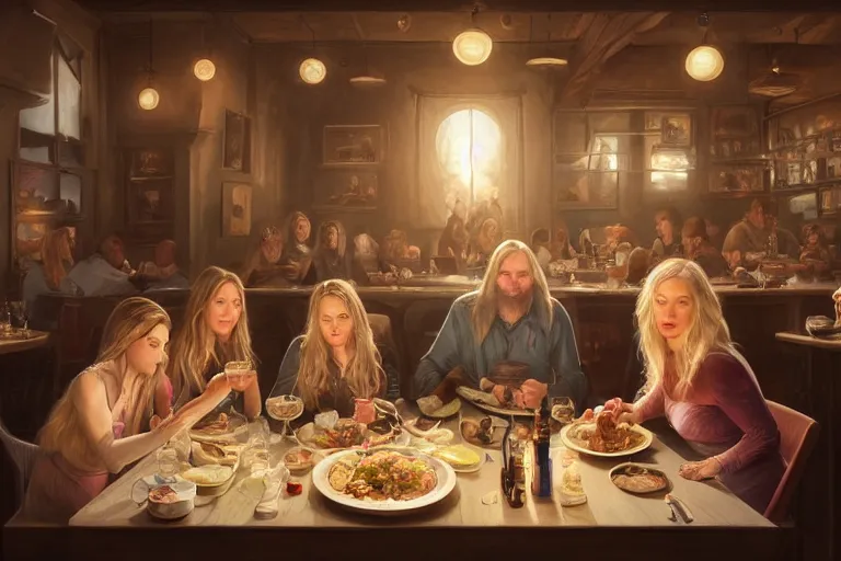 Image similar to portait of a pig and a mallard and a blonde woman with long hair having dinner at sunday in brooklyn restaurant, anatomy, bathed in light, highly detailed, photorealistic, artstation, smooth, sharp focus, illustration, unreal engine 5, 8 k, art by artgerm and greg rutkowski and edgar maxence