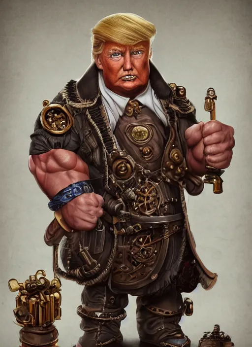 Image similar to steampunk dwarf donald trump is a muscular bodybuilder, au naturel, hyper detailed, digital art, trending in artstation, cinematic lighting, studio quality, smooth render, unreal engine 5 rendered, octane rendered, art style by klimt and nixeu and ian sprigger and wlop and krenz cushart.