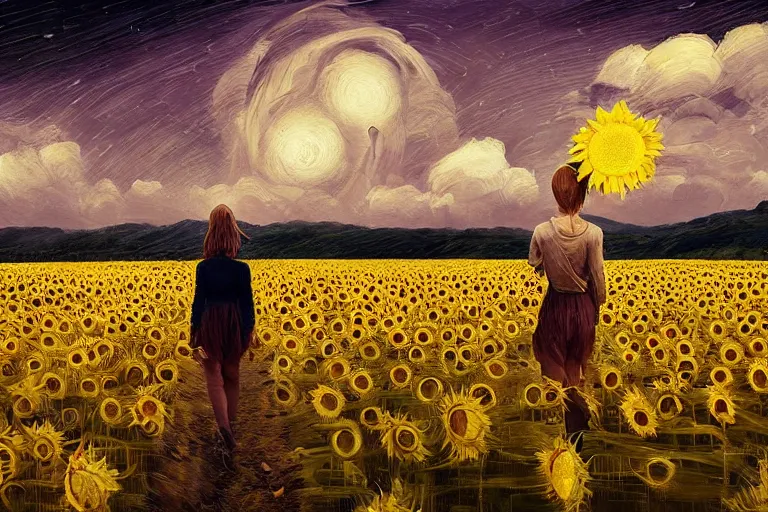 Image similar to giant sunflower as a head, girl walking in wheat field, hills, surreal photography, dark night, star trails, dramatic light, impressionist painting, clouds, digital painting, artstation, simon stalenhag