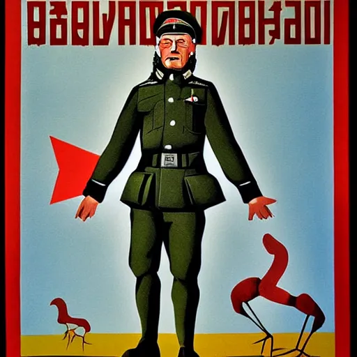 Image similar to a detailed and complex uncut full body soviet propaganda poster depicting a dromaius in military uniform. painting by dmitri moor