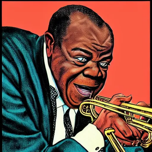 Image similar to “portrait of Louis Armstrong, by Robert crumb, coloured, graphic”