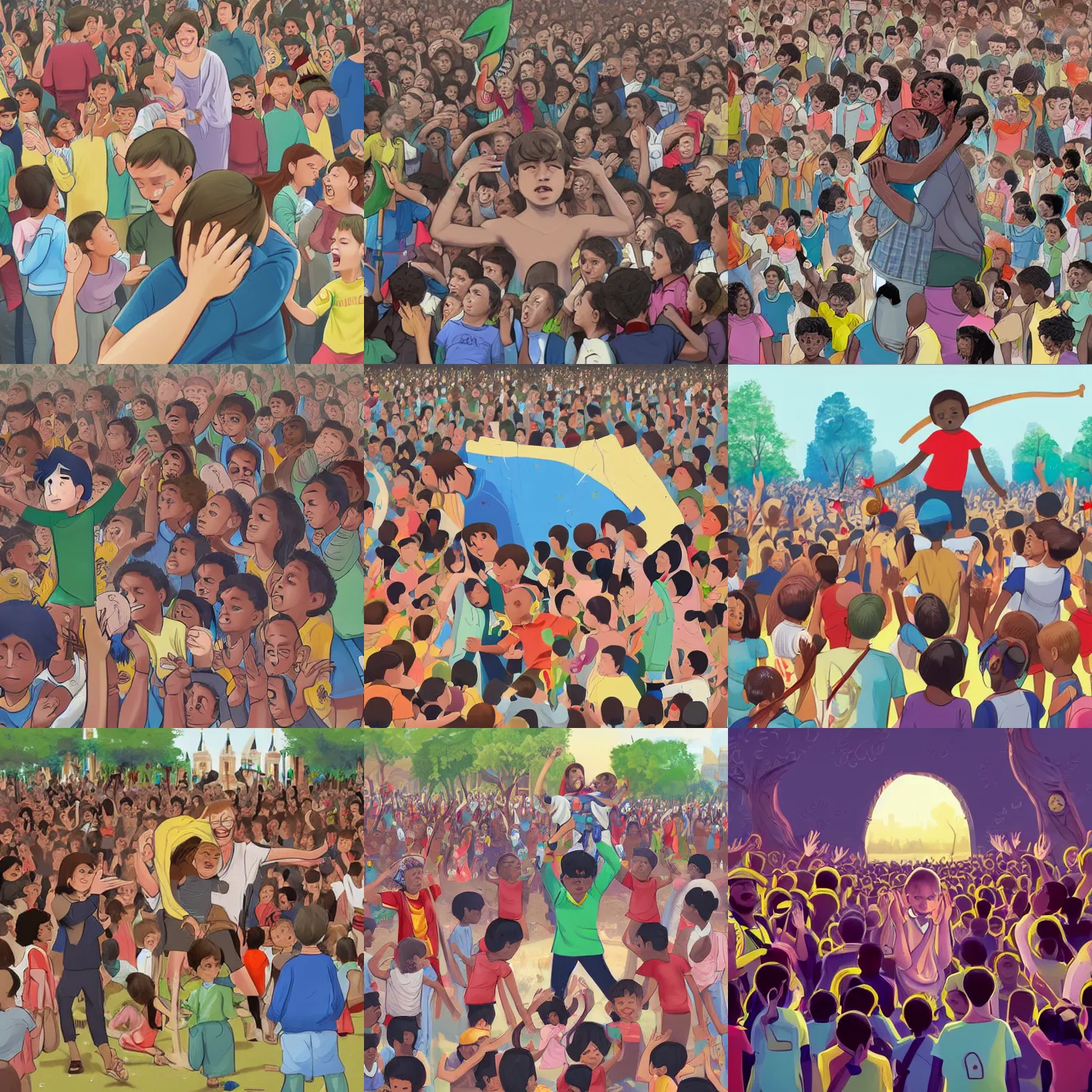 Prompt: an unfortunate child sits in tears in the center of the crowd, hugging his knees, and around him there is a crowd of children who brandish boomerangs and throw them at him. a storybook illustration by ambreen but and david young cameroon and lady davis, pixiv contest winner, trending on shutterstock, digital illustration, american propaganda, game art, flat shading