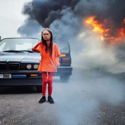 Image similar to close - up of angry greta thunberg with a bmw m 3 e 3 0 in the background, spewing black smoke from it's exhaust