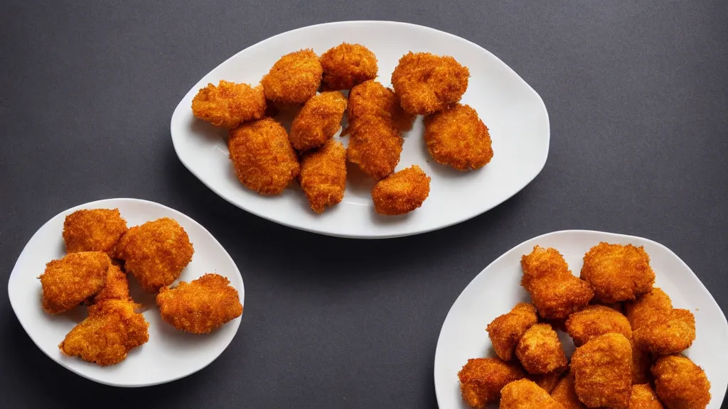 Prompt: A studio photo of a plate of tasty chicken nuggets; the most appetizing photo in the world; trending on artstation; correct perspective; extraordinary masterpiece!!!!!!; 8k