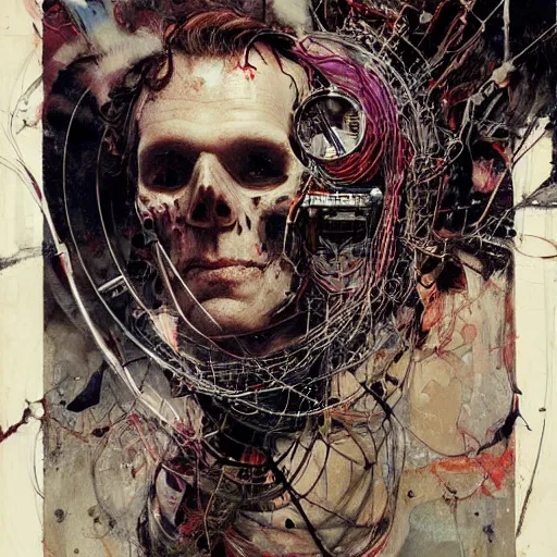 Image similar to thomas jane as a cyberpunk noir detective, skulls, wires cybernetic implants, machine noir grimcore, in the style of adrian ghenie esao andrews jenny saville surrealism dark art by james jean takato yamamoto and by ashley wood