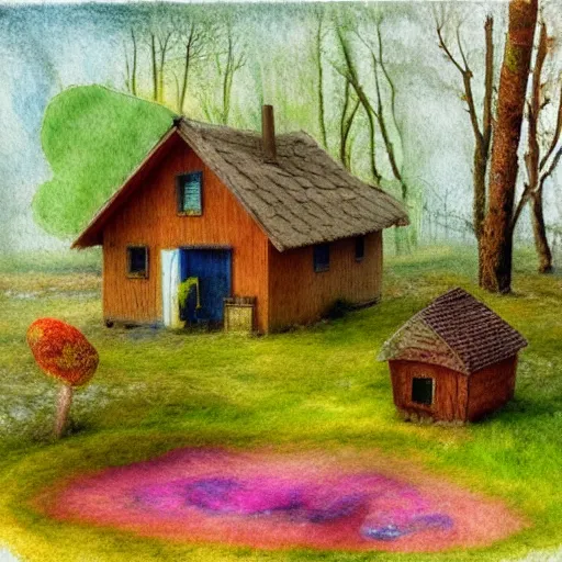 Image similar to small wooden house in the middle of spring forest, bright colours, watercolor, volumetric wool felting, macro photography, children illustration, by michael sowa