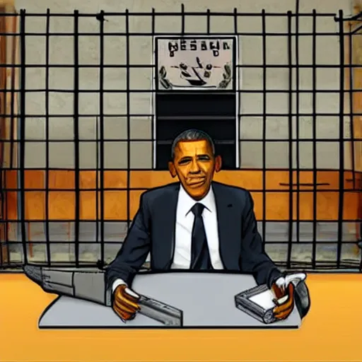 Image similar to obama sitting in a prison cell, in the style of gta loading screens