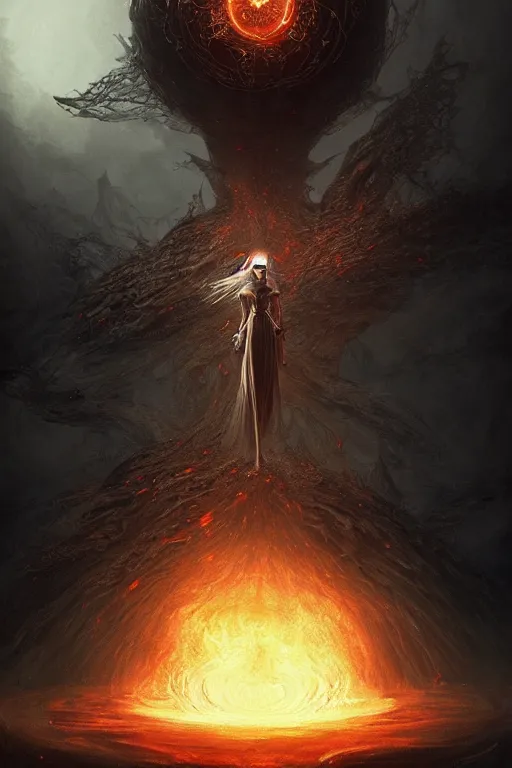 Prompt: Black Orb of Fire, digital art, fantasy, magic, trending on artstation, illustration by Seb McKinnon and Peter Mohrbacher, ultra detailed, atmospheric, powerful presence, bossfight, darksouls, grand finale, explosive entrance, final battle, cutscene, cinematic lighting, beautiful goddess, unleashing the power of the flame